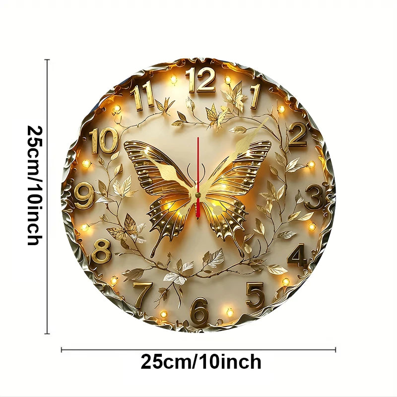 Tyylikäs Puinen Seinäkello 25 cm – Kultainen Perhonen & LED-Valot | Hiljainen Koneisto