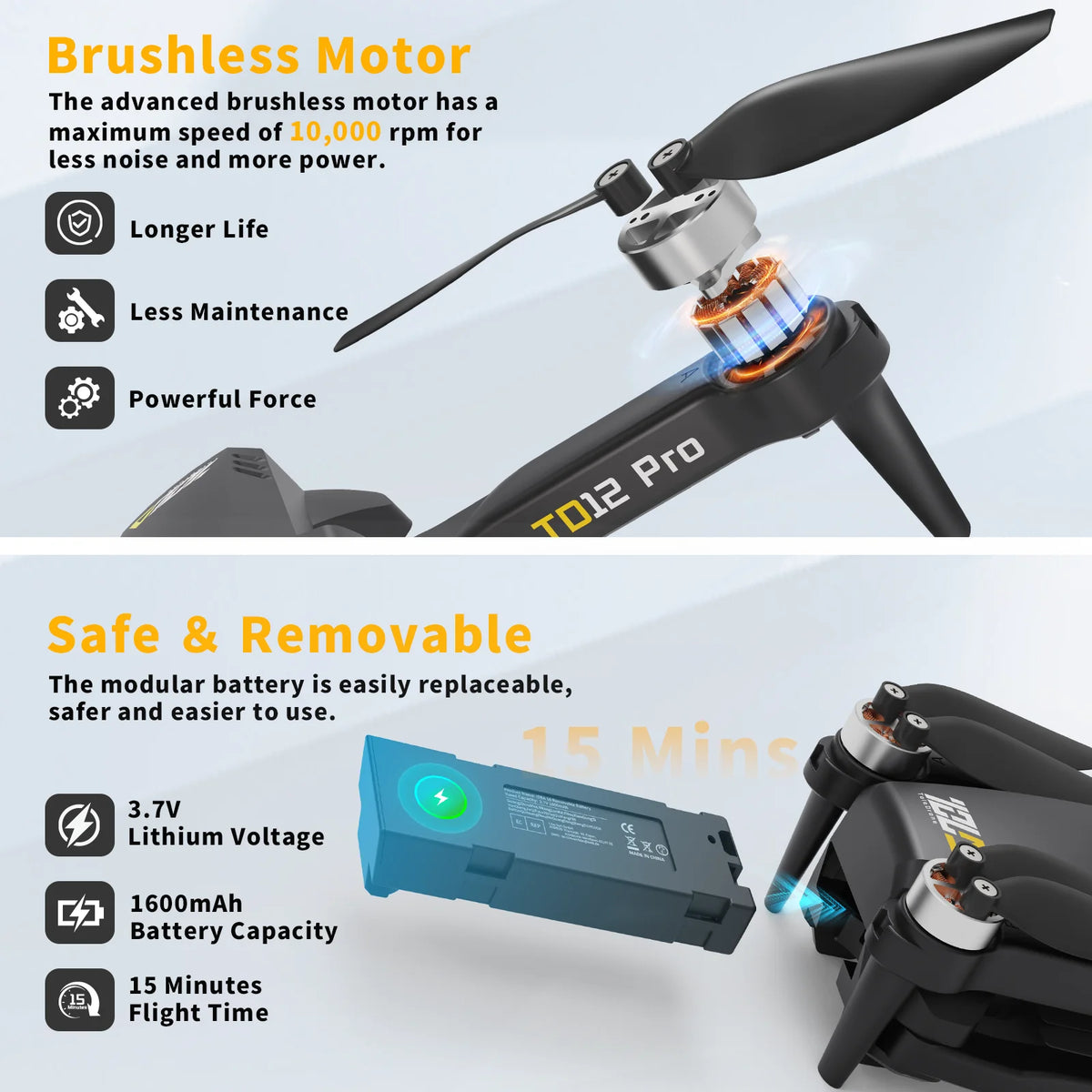 Drone 1080p HD Kameralla – TD12 Pro | 5G WiFi | Harjattomat Moottorit | Taitettava 140g | CE