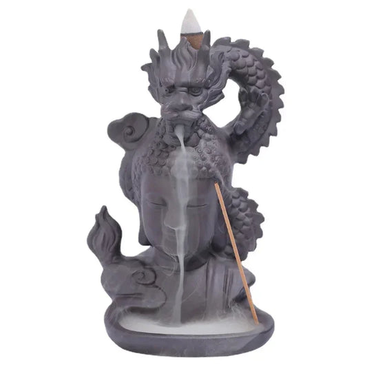 Lohikäärme & Buddha Suitsukeastia – Keramiikka Takavirtaus | Vesiputousvaikutelma | 17×9,5 cm
