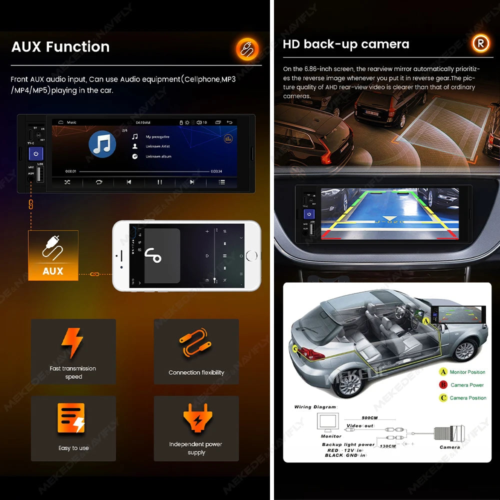 Yleismallinen Autosoitin 7" 1DIN – CarPlay & Android Auto | AHD-Kamera | Bluetooth | CE