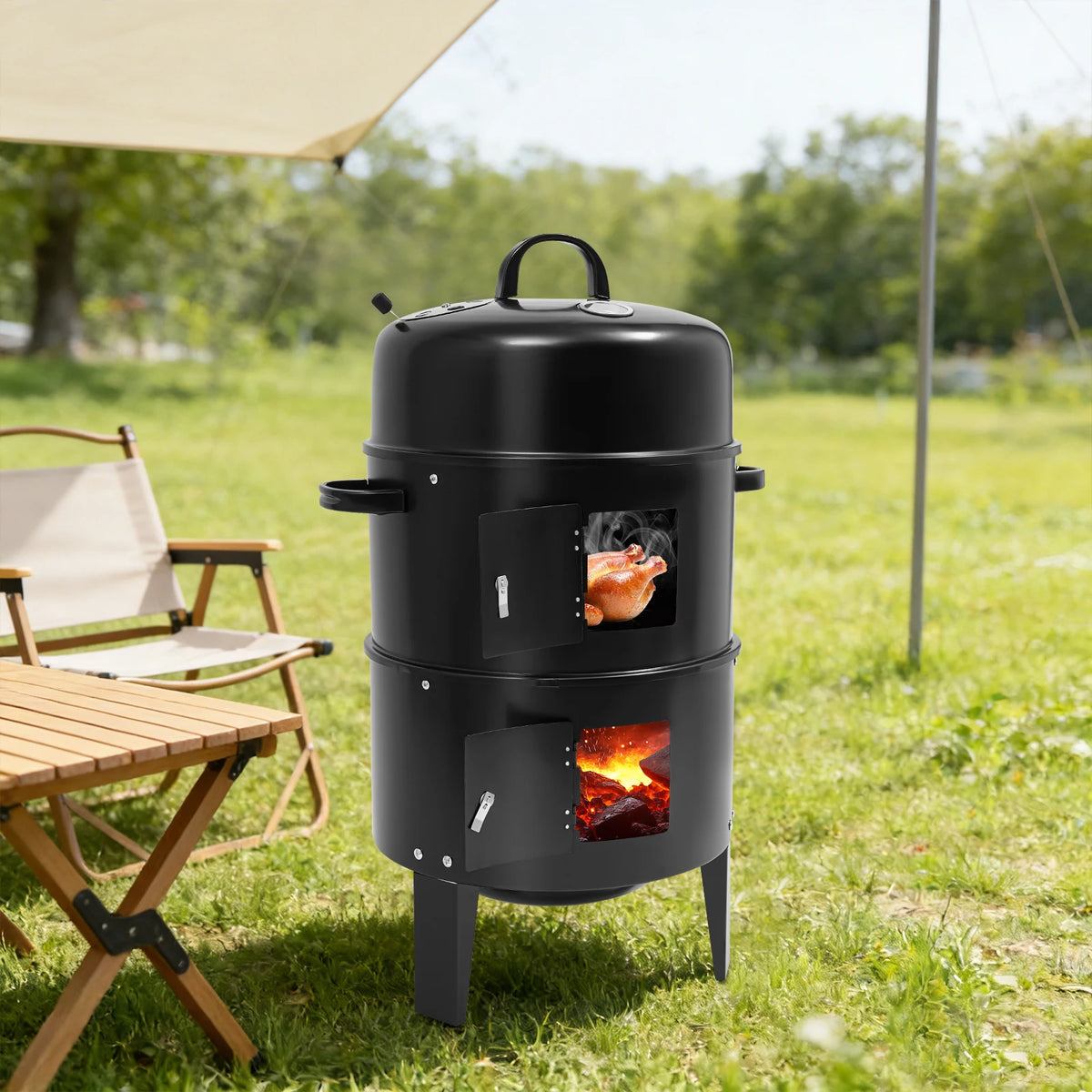 3-in-1 Grilli-Savustin-Haudutin 40 cm – Hiiligrilli Kaksikerroksinen | 6 kk Takuu | Nopea Toimitus