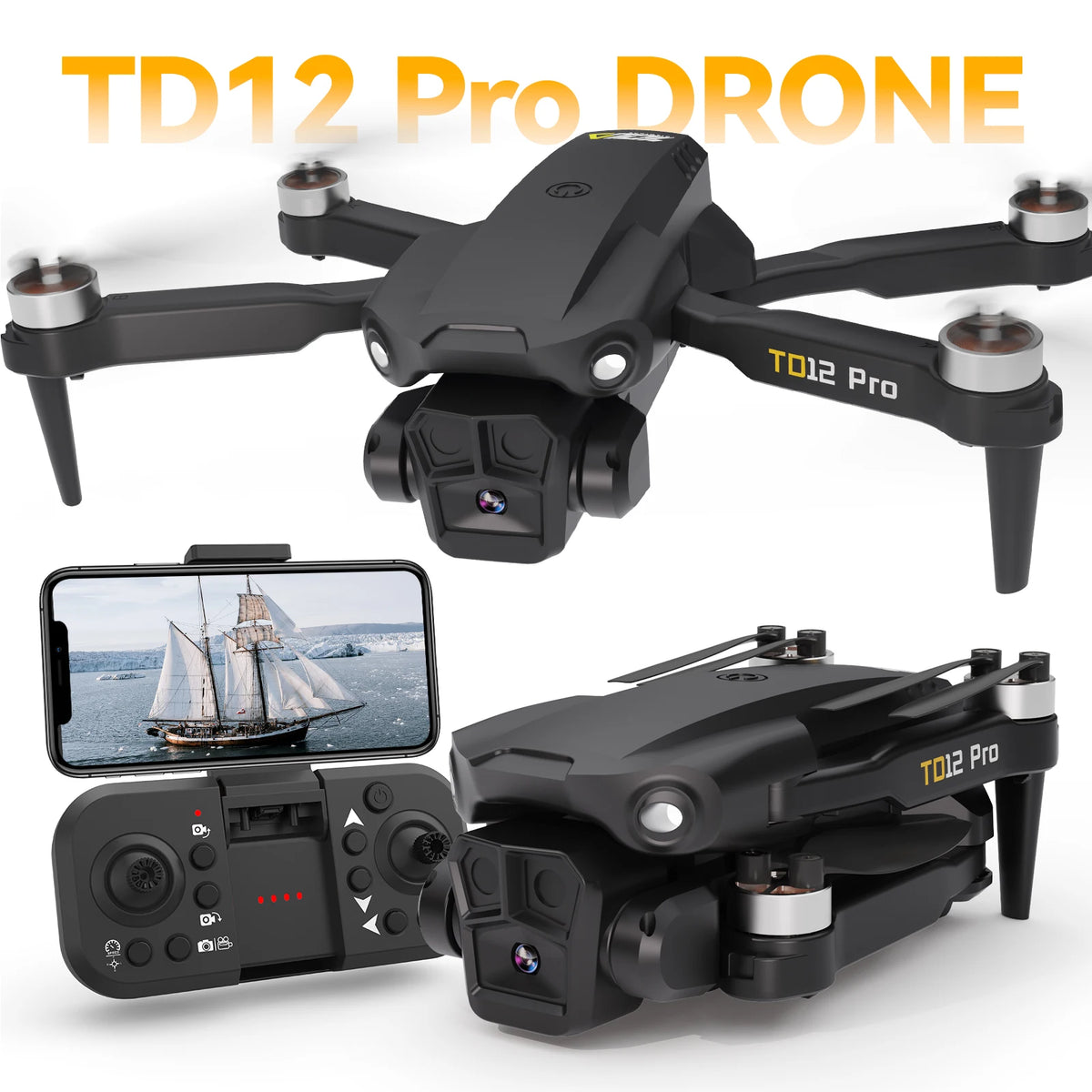Drone 1080p HD Kameralla – TD12 Pro | 5G WiFi | Harjattomat Moottorit | Taitettava 140g | CE